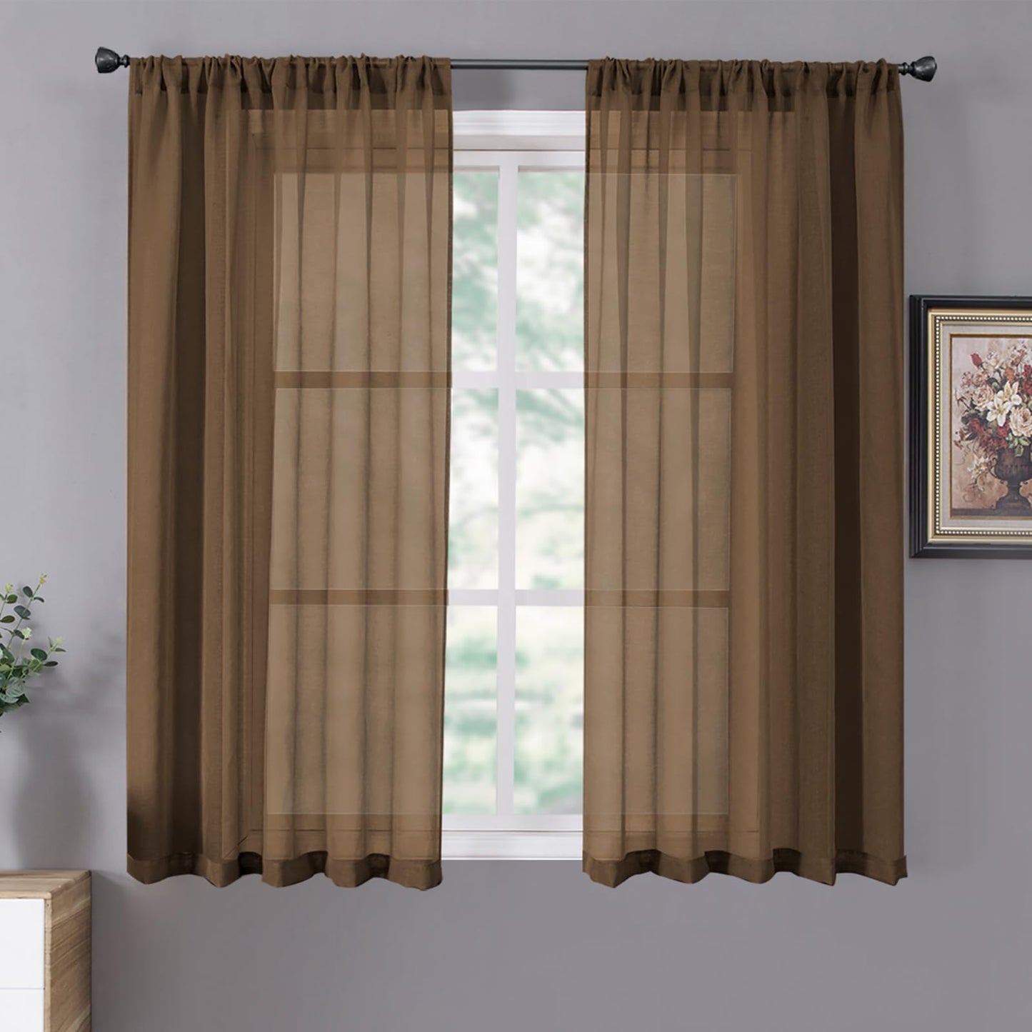 Tollpiz Sheer Curtains Living Room Linen Textured Curtain Sheers Light Filtering Voile Rod Pocket Curtains for Bedroom, 38 x 63 inches Long, White, Set of 2 Panels