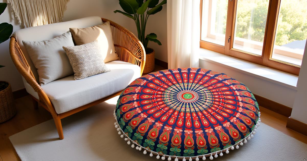 Large Round seat Floor Cushion Chair Ottoman Cover Pouf Pillow Meditation Floor Cushions for Adults Seating pouffe Ottoman Throw Covers Craft Room Furniture for Sitting Cover 22 Inches (Multi Nap)