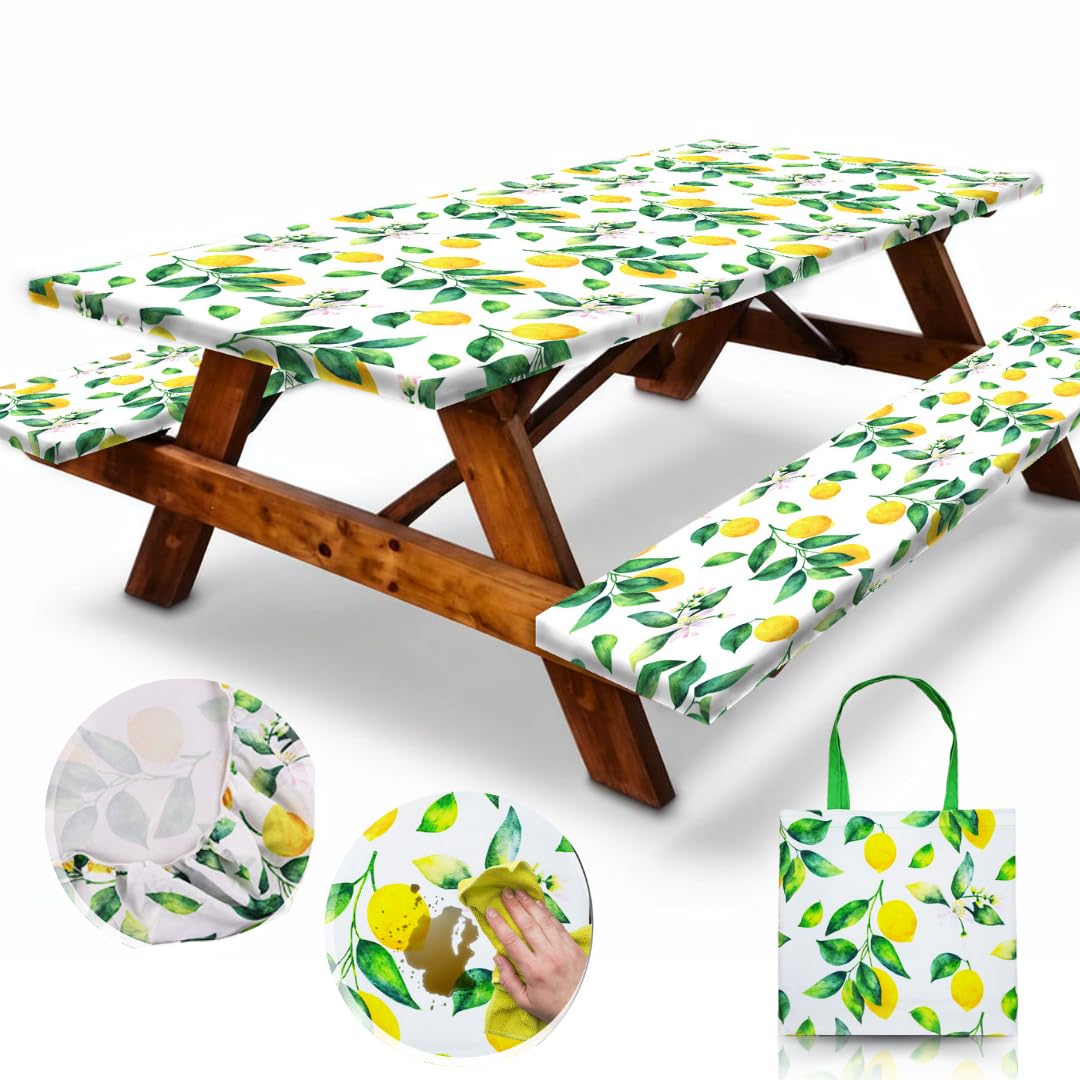 Vinyl Fitted Picnic Table Cover with Bench Covers & Blue 6ft Blue Checkered | Vinyl Fitted Picnic Table Cover with Bench Covers and Bag, Outdoor Waterproof Windproof Picnic Tablecloth with Elastic Edges.