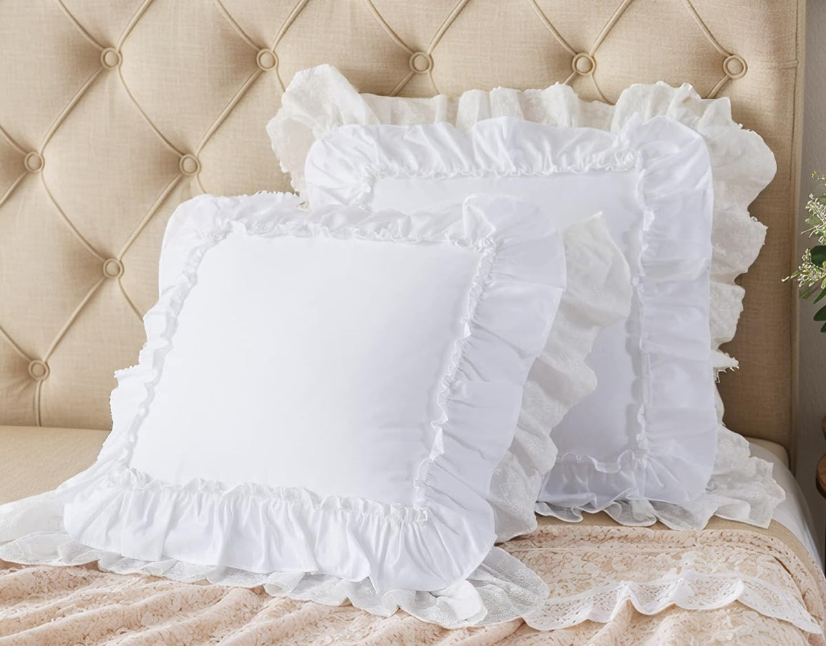 Lemfux Cotton Euro Shams with White Lace Ruffles, 26 x26 Inch, Set of 2,Rustic Farmhouse Lace Shabby Soft Breathable Bridal Pure White European, White Decorative Pillow Covers