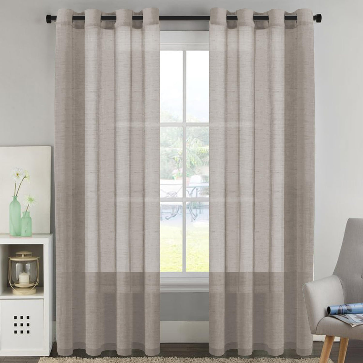 H.VERSAILTEX Natural Linen Sheer Curtains Flax Linen Blended Curtain Panels Living Room, Nickel Grommet Semitransparent Semi-Sheer Soft Privacy Drapes, Natural, 84 inches Long 2 Panels