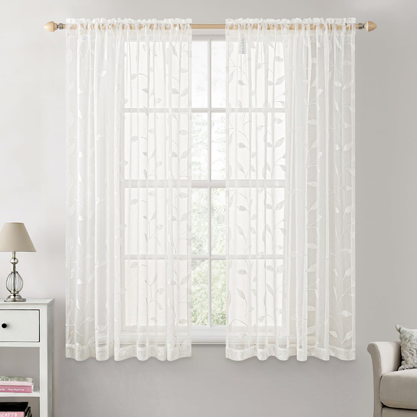 MIULEE Sage Green Sheer Curtains 2 Panels Leaf Patterned, W52 x L84 | Embroidered Floral Semi Sheer,Rod Pocket,Faux Linen,Short Window Curtains Drapes Set for Kitchen/Bathroom/Cafe