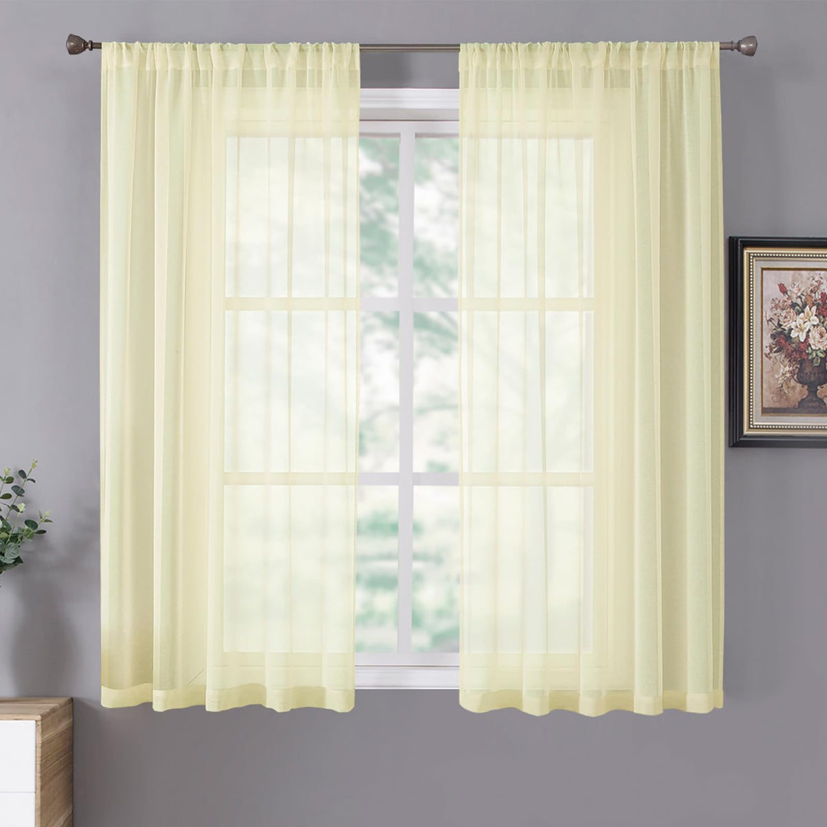 Tollpiz Sheer Curtains Living Room Linen Textured Curtain Sheers Light Filtering Voile Rod Pocket Curtains for Bedroom, 38 x 63 inches Long, White, Set of 2 Panels