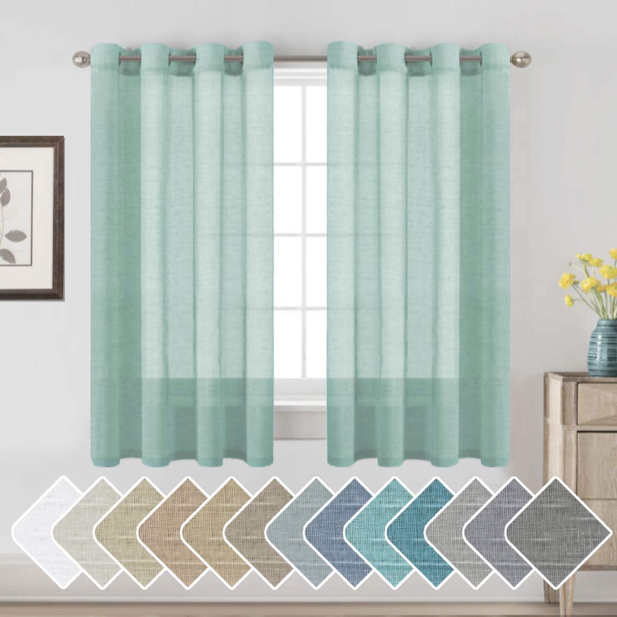 H.VERSAILTEX Natural Linen Sheer Curtains Flax Linen Blended Curtain Panels Living Room, Nickel Grommet Semitransparent Semi-Sheer Soft Privacy Drapes, Natural, 84 inches Long 2 Panels