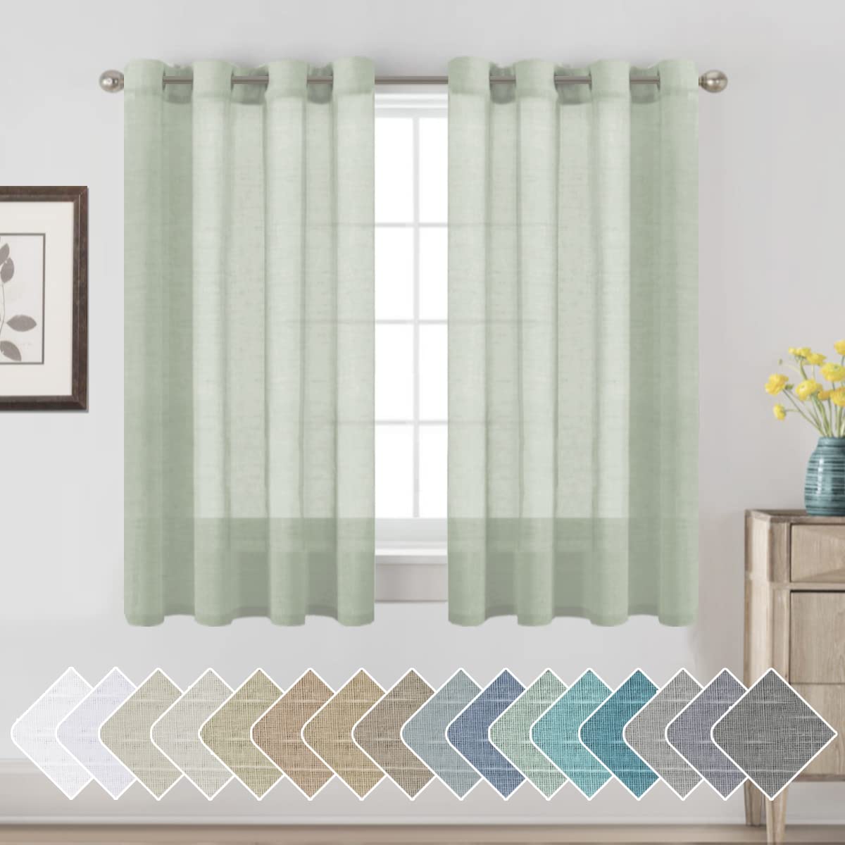 H.VERSAILTEX Natural Linen Sheer Curtains Flax Linen Blended Curtain Panels Living Room, Nickel Grommet Semitransparent Semi-Sheer Soft Privacy Drapes, Natural, 84 inches Long 2 Panels