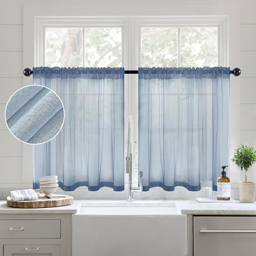 MIULEE Semi White Linen Textured Sheer Curtains 42W×84L Rod Pocket 2 Panels | Semi Transparent, Farmhouse, Window Net Panels with Rod Pocket for Bedroom Living Room