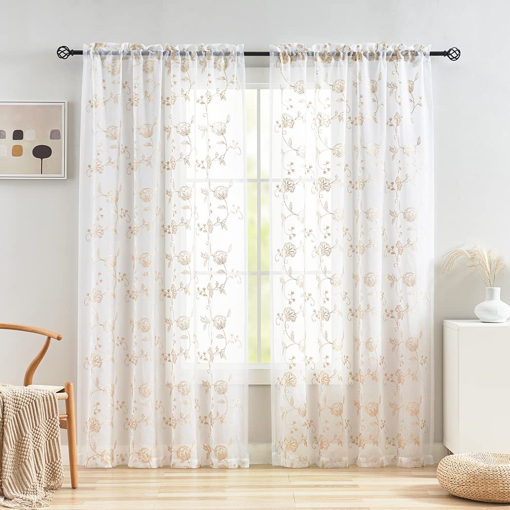 MYSTIC-HOME Sheer Curtains White 63 Inch Length, Rod Pocket Voile Drapes for Living Room, Bedroom, Window Treatments Semi Crinkle Curtain Panels for Yard, Patio, Villa, Parlor, Set of 2, 52"x 63"