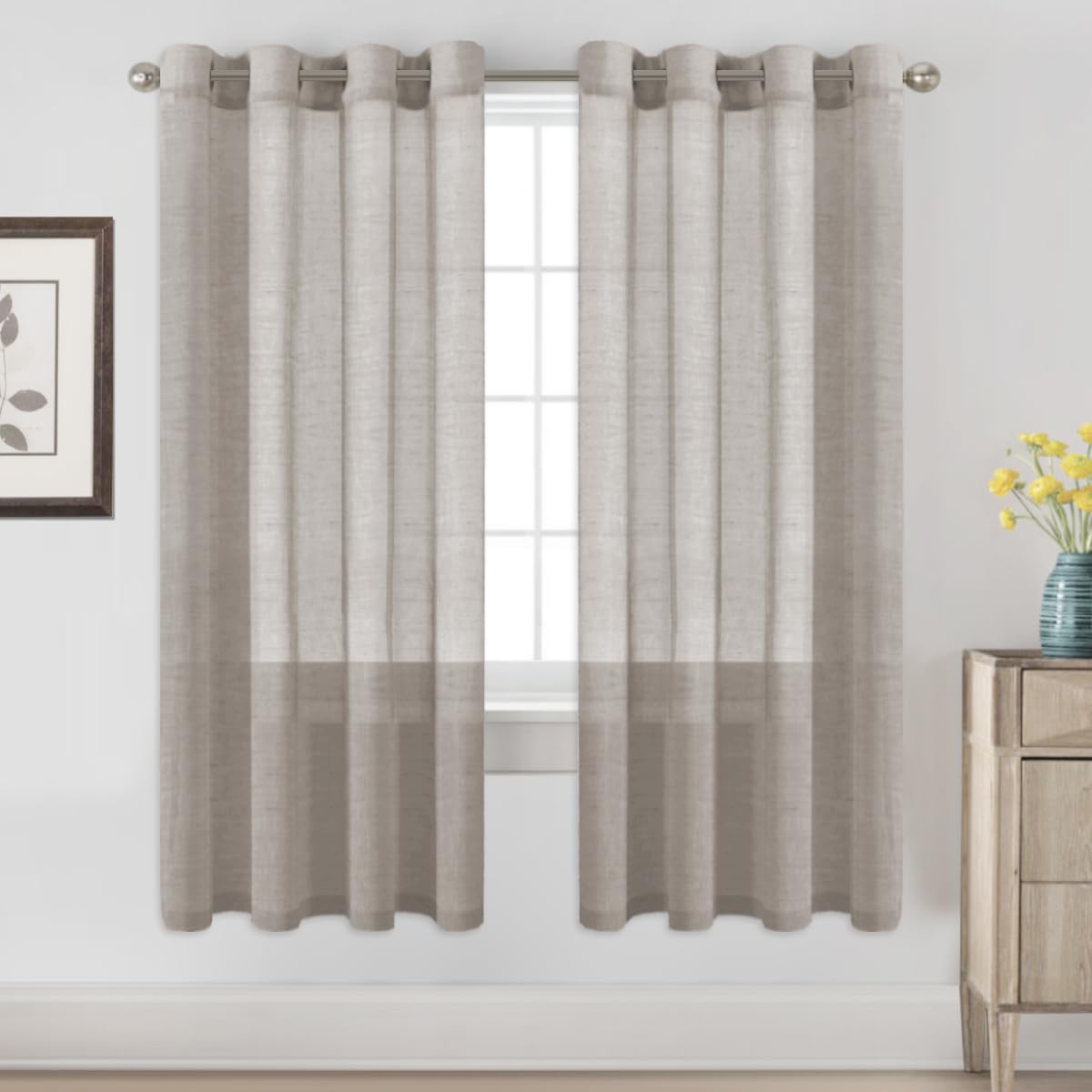 H.VERSAILTEX Natural Linen Sheer Curtains Flax Linen Blended Curtain Panels Living Room, Nickel Grommet Semitransparent Semi-Sheer Soft Privacy Drapes, Natural, 84 inches Long 2 Panels