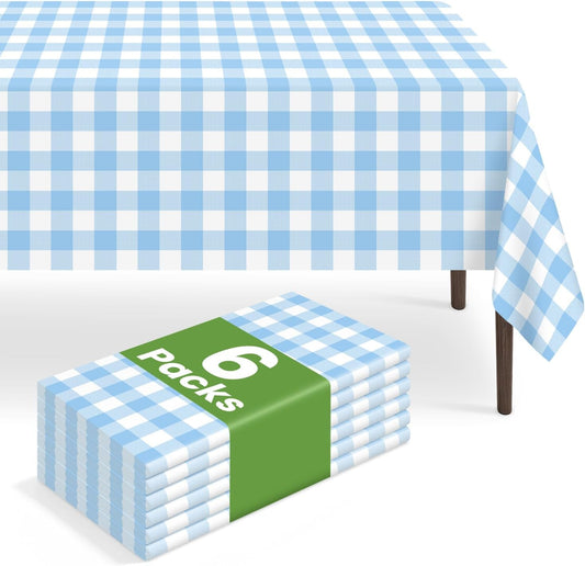 6 Pack Blue and White Checkered Tablecloth, Blue Plastic Table Cloths for Parties Disposable, 54 x 108 inch Waterproof Blue Gingham Camping Tablecloth for Birthday, Party, Picnic