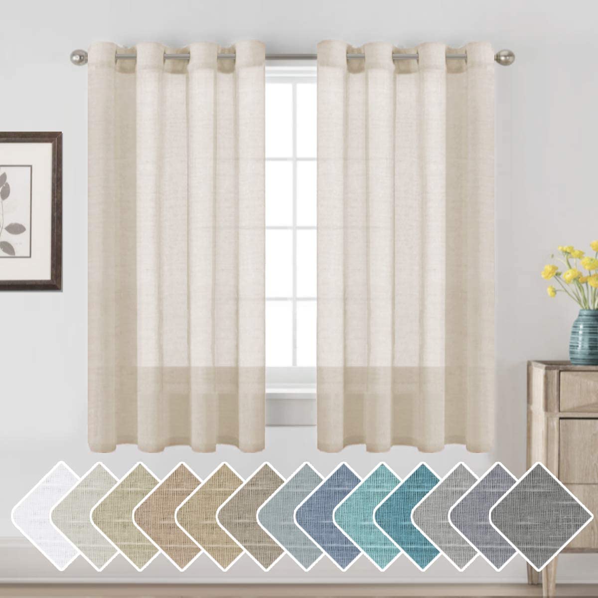 H.VERSAILTEX Natural Linen Sheer Curtains Flax Linen Blended Curtain Panels Living Room, Nickel Grommet Semitransparent Semi-Sheer Soft Privacy Drapes, Natural, 84 inches Long 2 Panels
