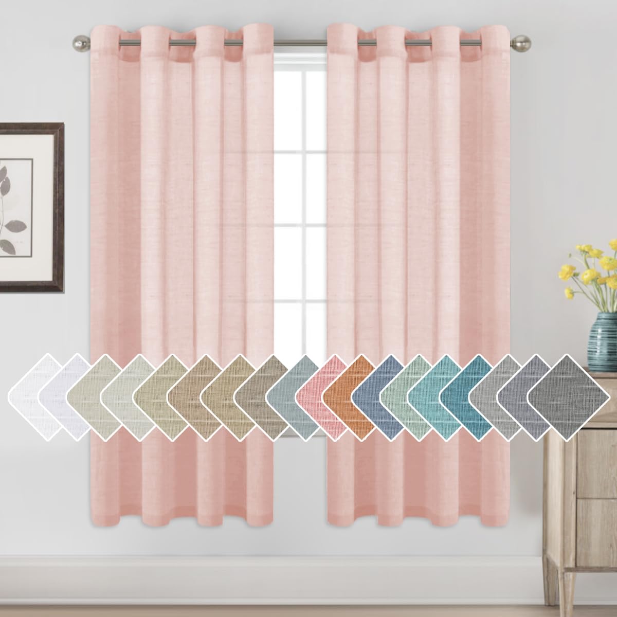 H.VERSAILTEX Natural Linen Sheer Curtains Flax Linen Blended Curtain Panels Living Room, Nickel Grommet Semitransparent Semi-Sheer Soft Privacy Drapes, Natural, 84 inches Long 2 Panels