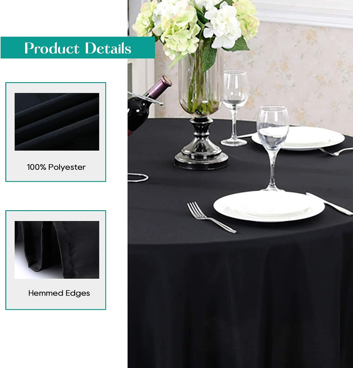 Surmente 10 Pack 132 Inch Black Tablecloths for Round Tables | Dining Table Cover Protector, Wrinkle Free, Washable Polyester Fabric, Round Table Cloth for Wedding, Banquet, Restaurant