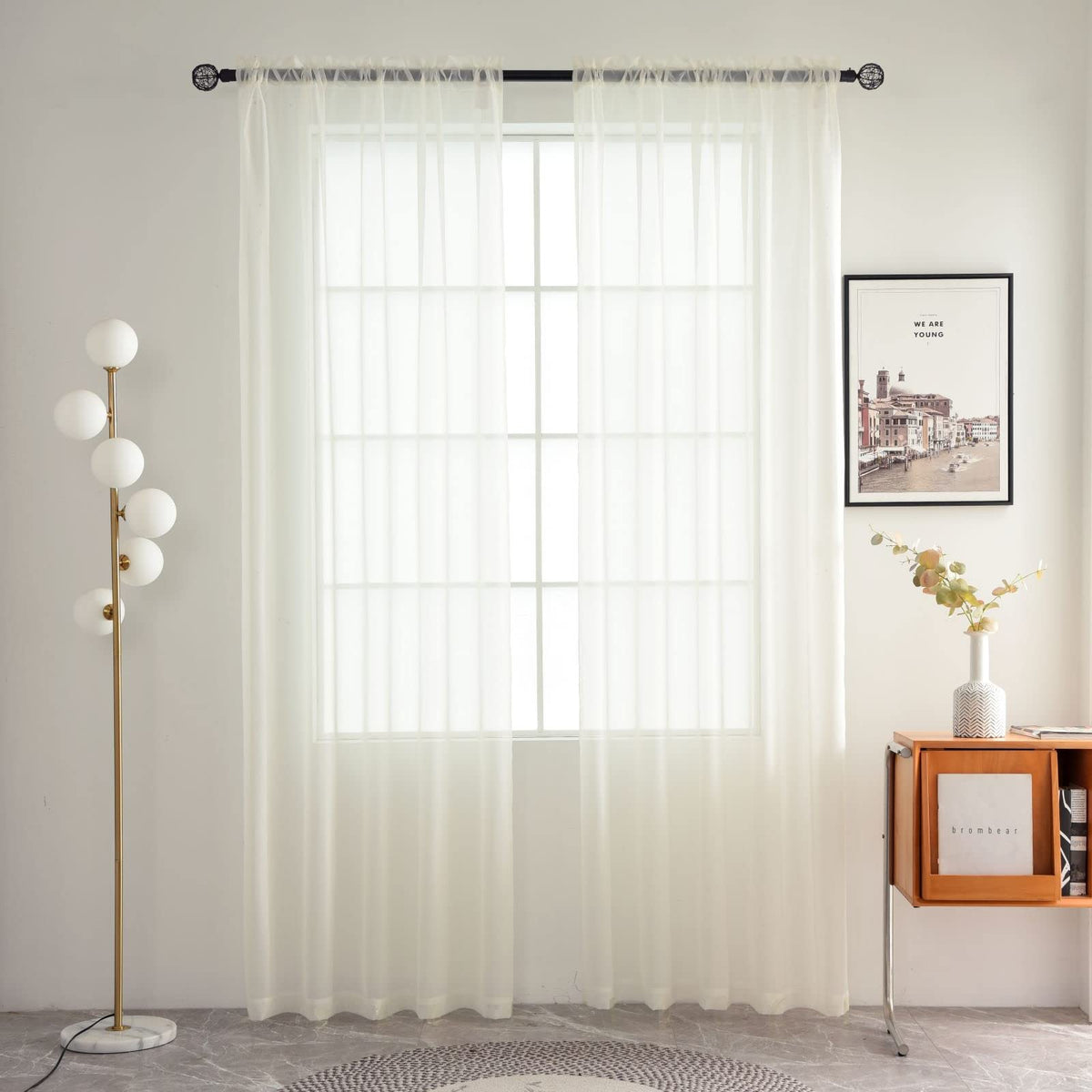 SpaceDresser Basic Rod Pocket Sheer Voile Window Curtain Panels White 1 Pair 2 Panels 52 Width 84 Inch Long for Kitchen Bedroom Children Living Room Yard(White,52 W x 84 L)