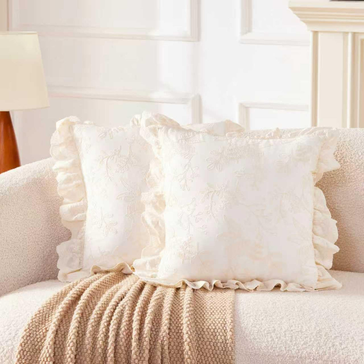 HAUSFRAU 18x18 Throw Pillow Covers Pillowcase Set of 2, French Style Cream | Floral Embroidered & Lace Ruffle Trim Chic Decorative Square Pillowcase Pillow Sham for Sofa, Couch, Wedding, Square
