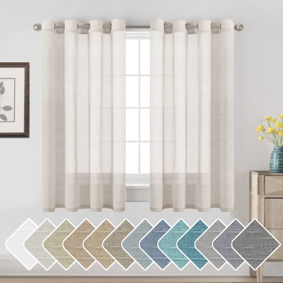 H.VERSAILTEX Natural Linen Sheer Curtains Flax Linen Blended Curtain Panels Living Room, Nickel Grommet Semitransparent Semi-Sheer Soft Privacy Drapes, Natural, 84 inches Long 2 Panels
