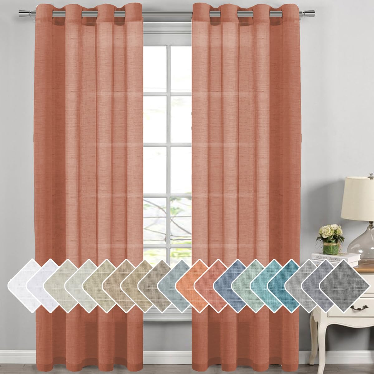 H.VERSAILTEX Natural Linen Sheer Curtains Flax Linen Blended Curtain Panels Living Room, Nickel Grommet Semitransparent Semi-Sheer Soft Privacy Drapes, Natural, 84 inches Long 2 Panels