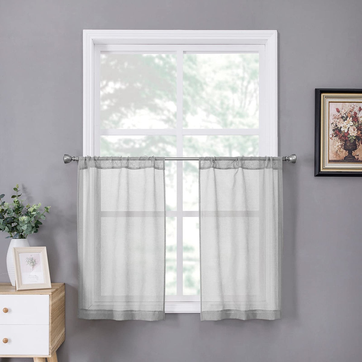 Tollpiz Sheer Curtains Living Room Linen Textured Curtain Sheers Light Filtering Voile Rod Pocket Curtains for Bedroom, 38 x 63 inches Long, White, Set of 2 Panels