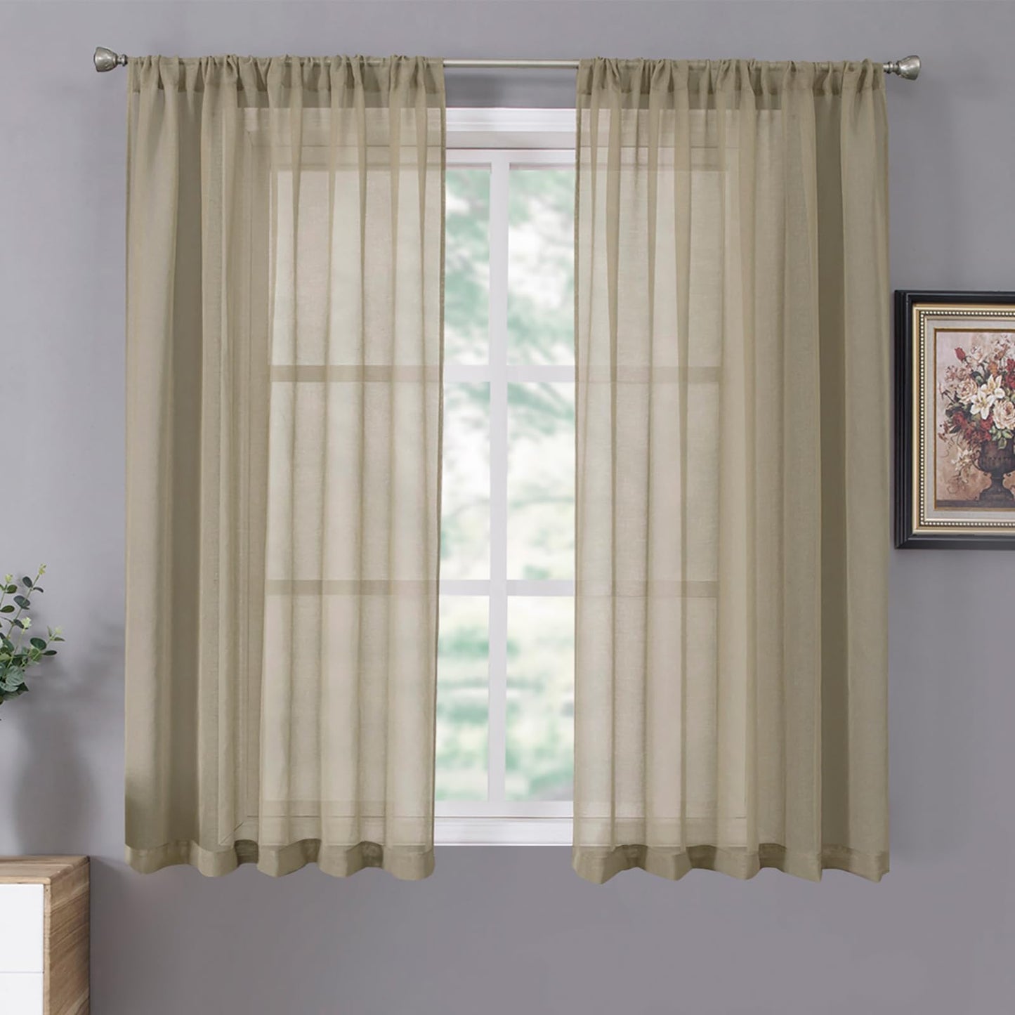 Tollpiz Sheer Curtains Living Room Linen Textured Curtain Sheers Light Filtering Voile Rod Pocket Curtains for Bedroom, 38 x 63 inches Long, White, Set of 2 Panels