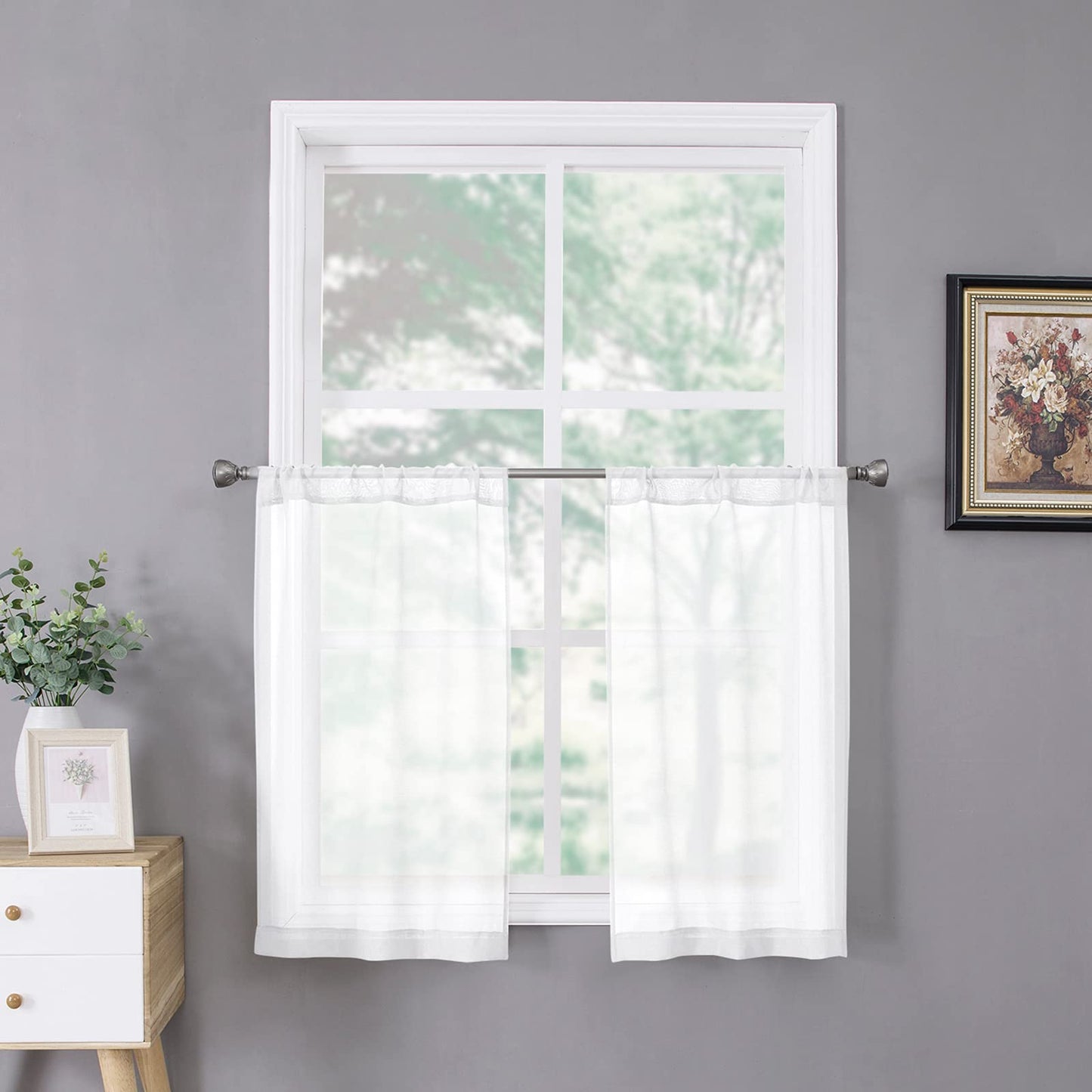 Tollpiz Sheer Curtains Living Room Linen Textured Curtain Sheers Light Filtering Voile Rod Pocket Curtains for Bedroom, 38 x 63 inches Long, White, Set of 2 Panels