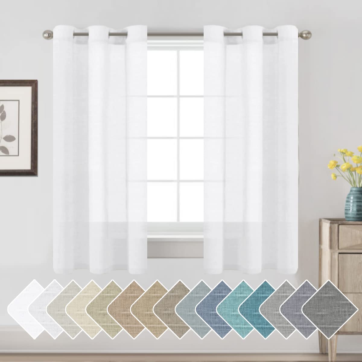 H.VERSAILTEX Natural Linen Sheer Curtains Flax Linen Blended Curtain Panels Living Room, Nickel Grommet Semitransparent Semi-Sheer Soft Privacy Drapes, Natural, 84 inches Long 2 Panels