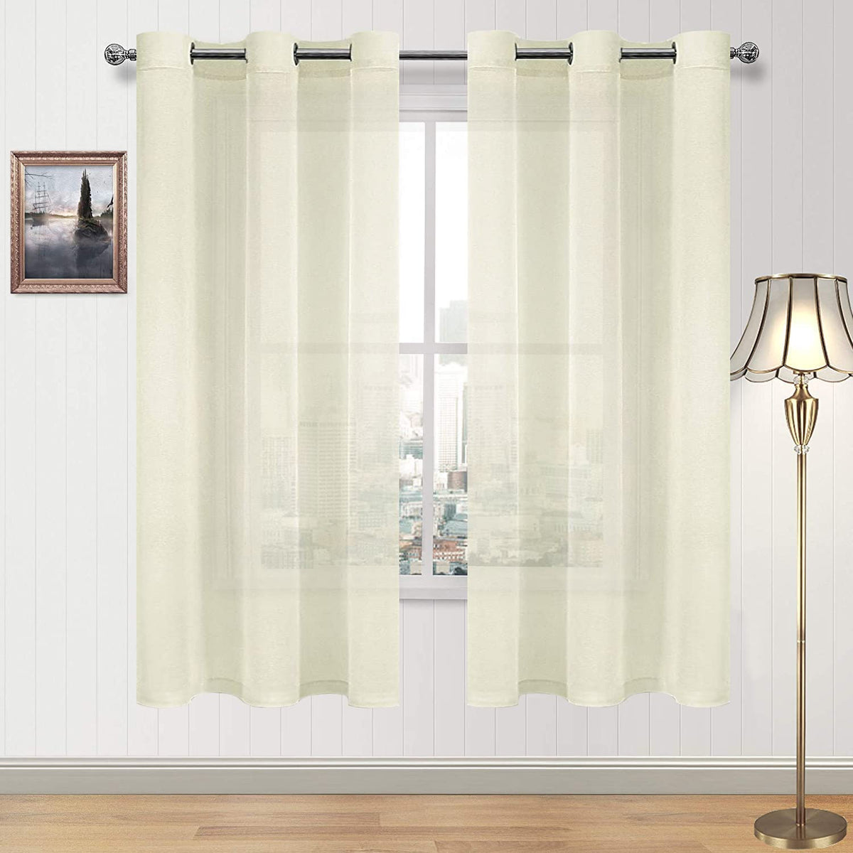 DWCN White Sheer Curtains Linen Look Semi Transparent Voile Grommet White Curtains for Living Dining Room Drapes 52 x 84 Inch Long, Set of 2 Panels