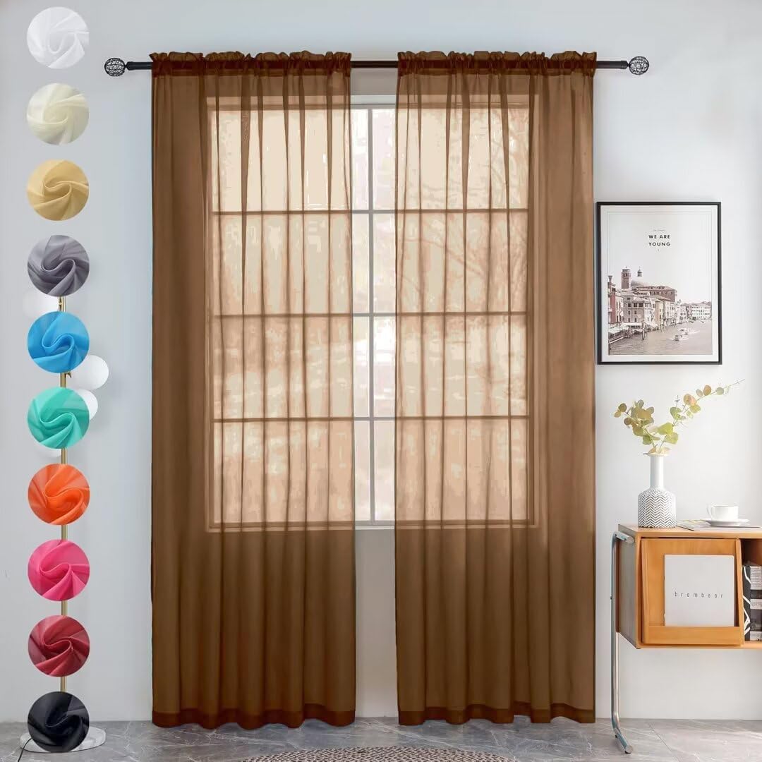 youleyar Solid Sheer Rod Pocket Curtain Voile Draperies 2 Panels White Beige Black Grey Coffee 52 Inch Width 84 Inch Long 1 Pair for Kitchen Bedroom Children Living Room Yard (Ivory,52W ｘ 84L)