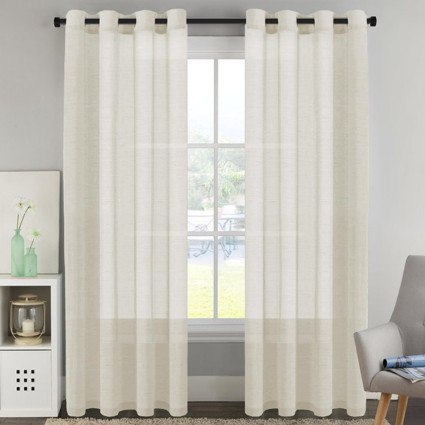 H.VERSAILTEX Natural Linen Sheer Curtains Flax Linen Blended Curtain Panels Living Room, Nickel Grommet Semitransparent Semi-Sheer Soft Privacy Drapes, Natural, 84 inches Long 2 Panels