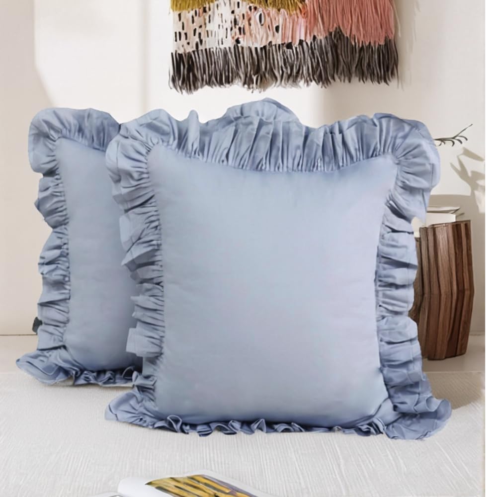 Lemfux Cotton Euro Shams with White Lace Ruffles, 26 x26 Inch, Set of 2,Rustic Farmhouse Lace Shabby Soft Breathable Bridal Pure White European, White Decorative Pillow Covers