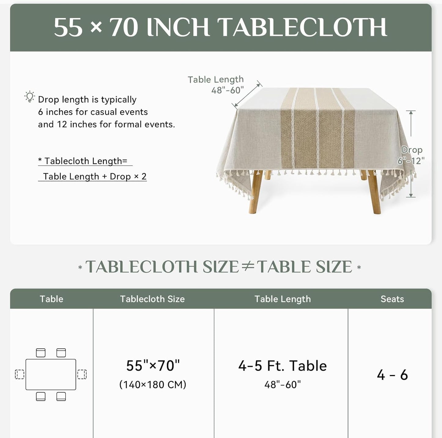 Softalker Outdoor Linen Tablecloth Rectangle, Waterproof Cotton Boho Farmhouse Table Cloths with Tassel, Heavy Weight Wrinkle Free Table Cover for Picnic Camping Dining - 55 x 70 Inch, Coffee Lines