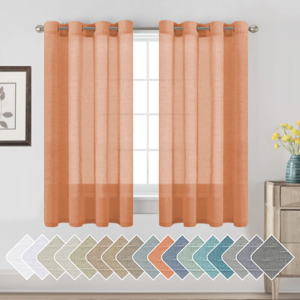 H.VERSAILTEX Natural Linen Sheer Curtains Flax Linen Blended Curtain Panels Living Room, Nickel Grommet Semitransparent Semi-Sheer Soft Privacy Drapes, Natural, 84 inches Long 2 Panels