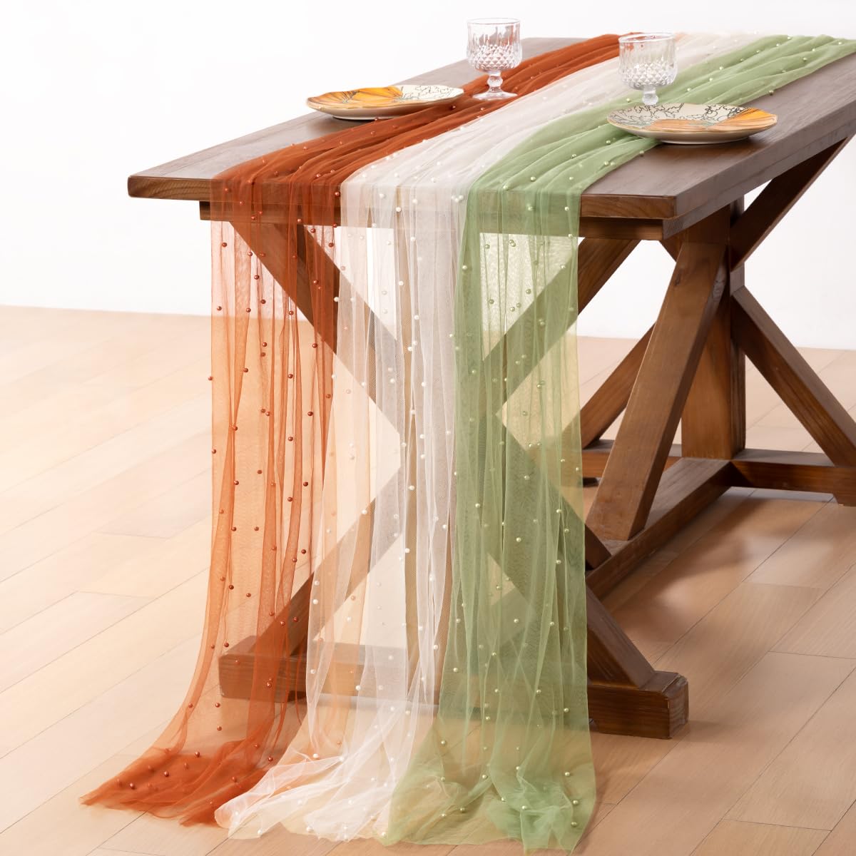 Pearl Table Runner Gauze Sheer 19FT Wedding Draping Fabric Decor | Sage Green Summer Tulle Chiffon Arch Outdoor Drapes Long Curtain for Birthday Party Baby Shower Bridal Engagement Decor