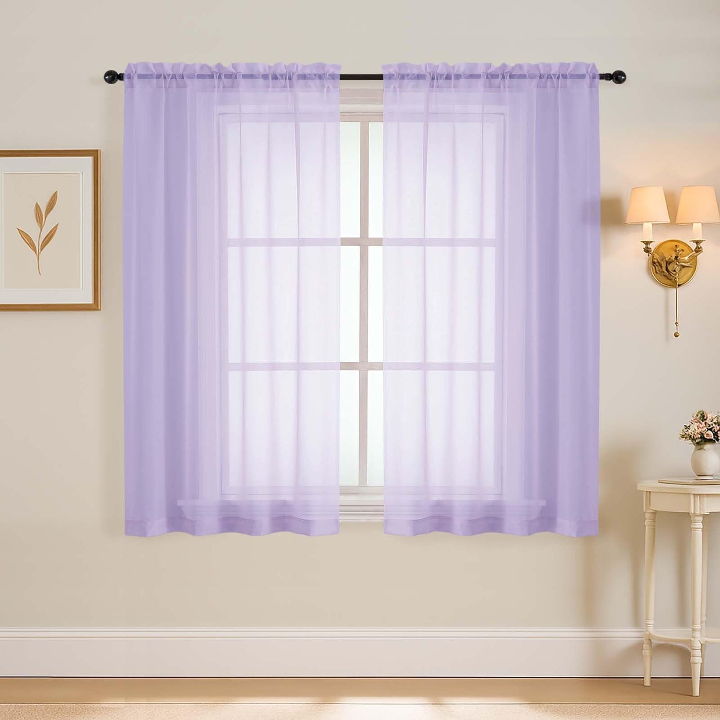 Purple Window Sheer Curtains 54 inch Length, Soft Airy Light Filtering Sheer Curtain 2 Panels Set, Dual Rod Pocket Gauze Purple Drapes for Living Room Bedroom, 2x42Wx54L Inches
