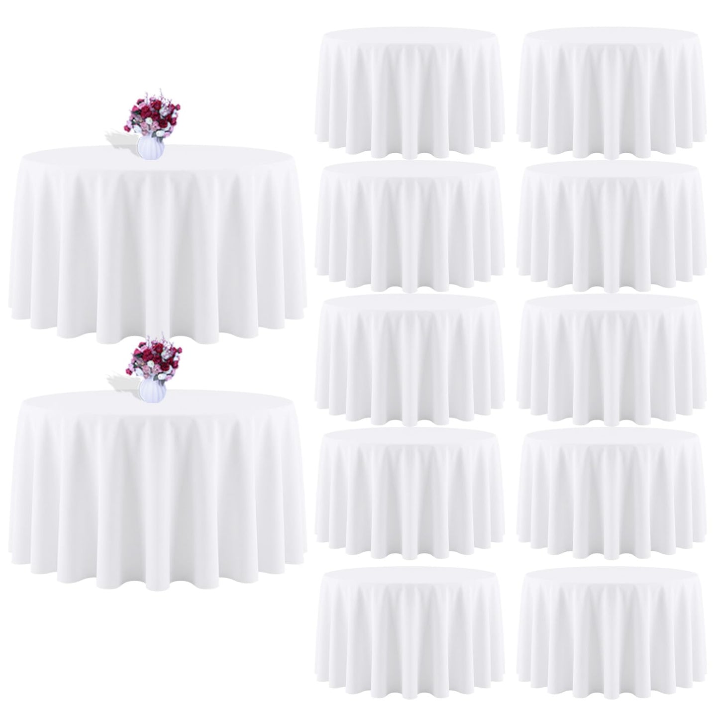120 Inch White Round Tablecloth, 8 Pack | Wrinkle Resistant, For 4Ft-7Ft Round Table, Polyester Fabric, Washable Table Cloth, For Dining Wedding Party Buffet