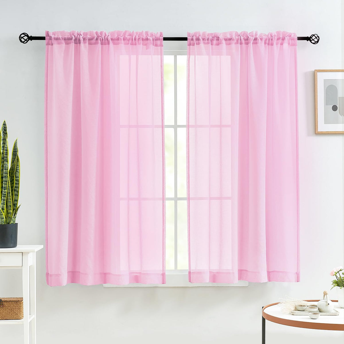 MYSTIC-HOME Sheer Curtains White 63 Inch Length, Rod Pocket Voile Drapes for Living Room, Bedroom, Window Treatments Semi Crinkle Curtain Panels for Yard, Patio, Villa, Parlor, Set of 2, 52"x 63"