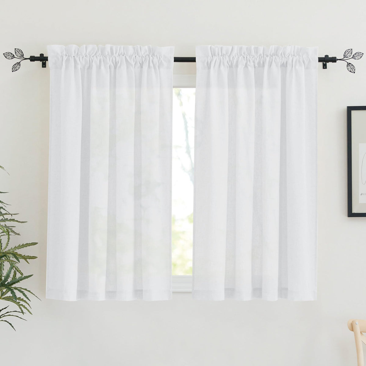 RYB HOME White Semi Sheer Curtains 84 inches Long for Living Room | Half Privacy, Linen Textured, Sheer Light Filtering, Vertical Window Drapes, for Bedroom Dining, White, W52 x L84, 2 Panels