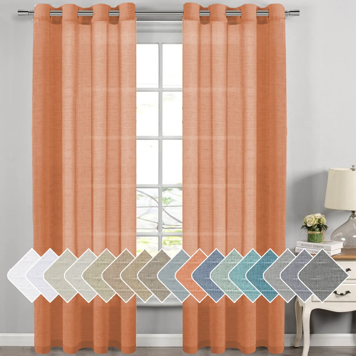 H.VERSAILTEX Natural Linen Sheer Curtains Flax Linen Blended Curtain Panels Living Room, Nickel Grommet Semitransparent Semi-Sheer Soft Privacy Drapes, Natural, 84 inches Long 2 Panels