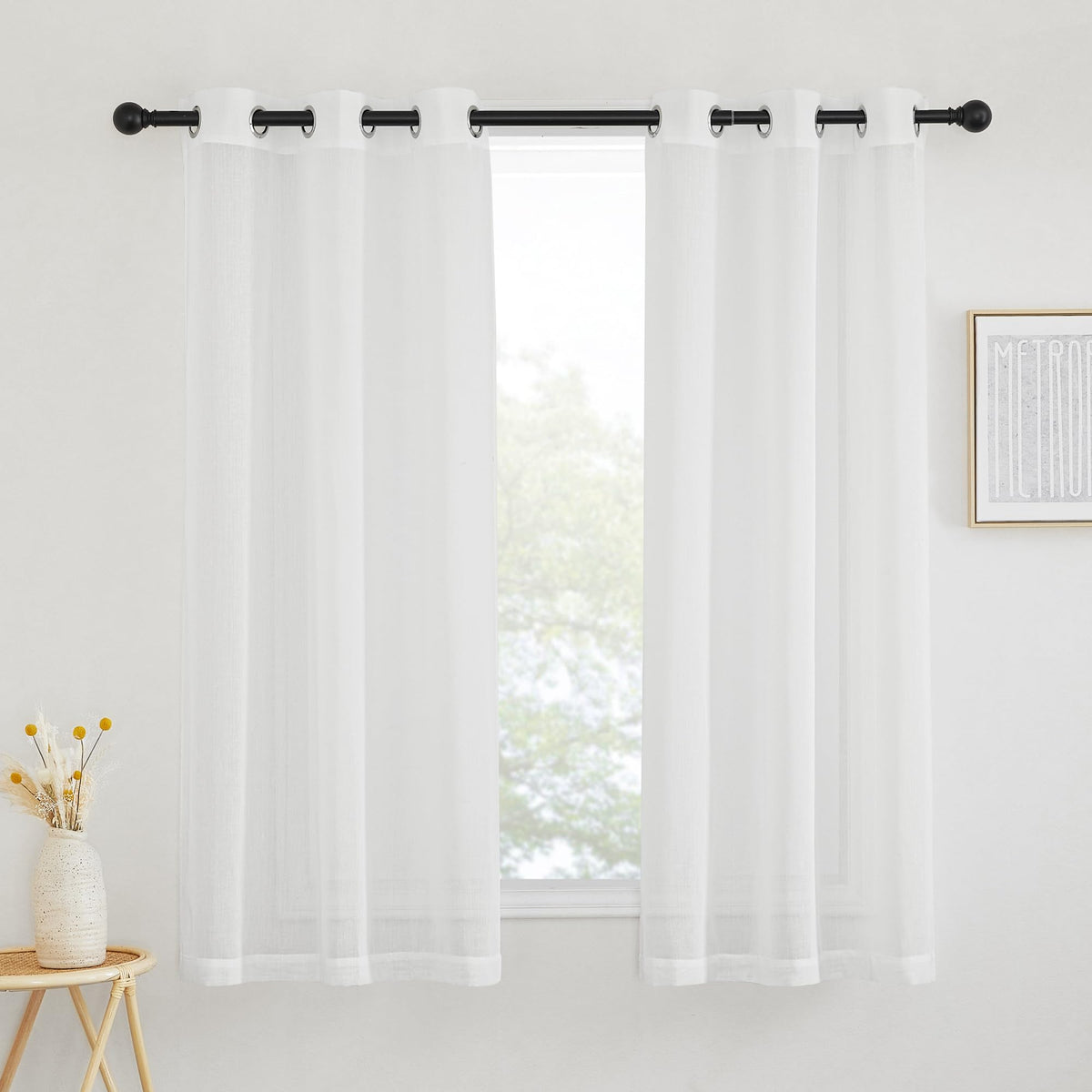 NICETOWN White Sheer Linen Curtains for Living Room 84 inch Length 2 Panels Set, Grommet Semi Sheer Privacy with Light Filtering Flax Window Treatments for Bedroom, W52 x L84