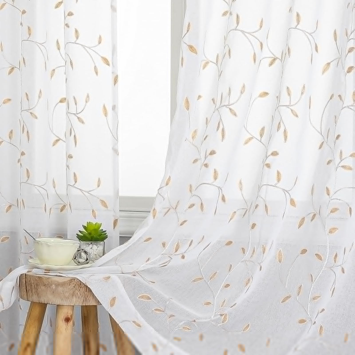 Sheer Curtains Boho Leaf Floral Embroidered Cream Beige 54Wx84L | Light Filtering Semi Sheer Voile Curtains With Design, Rod Pocket Window Drapes for Bedroom Living Room 2 Panels