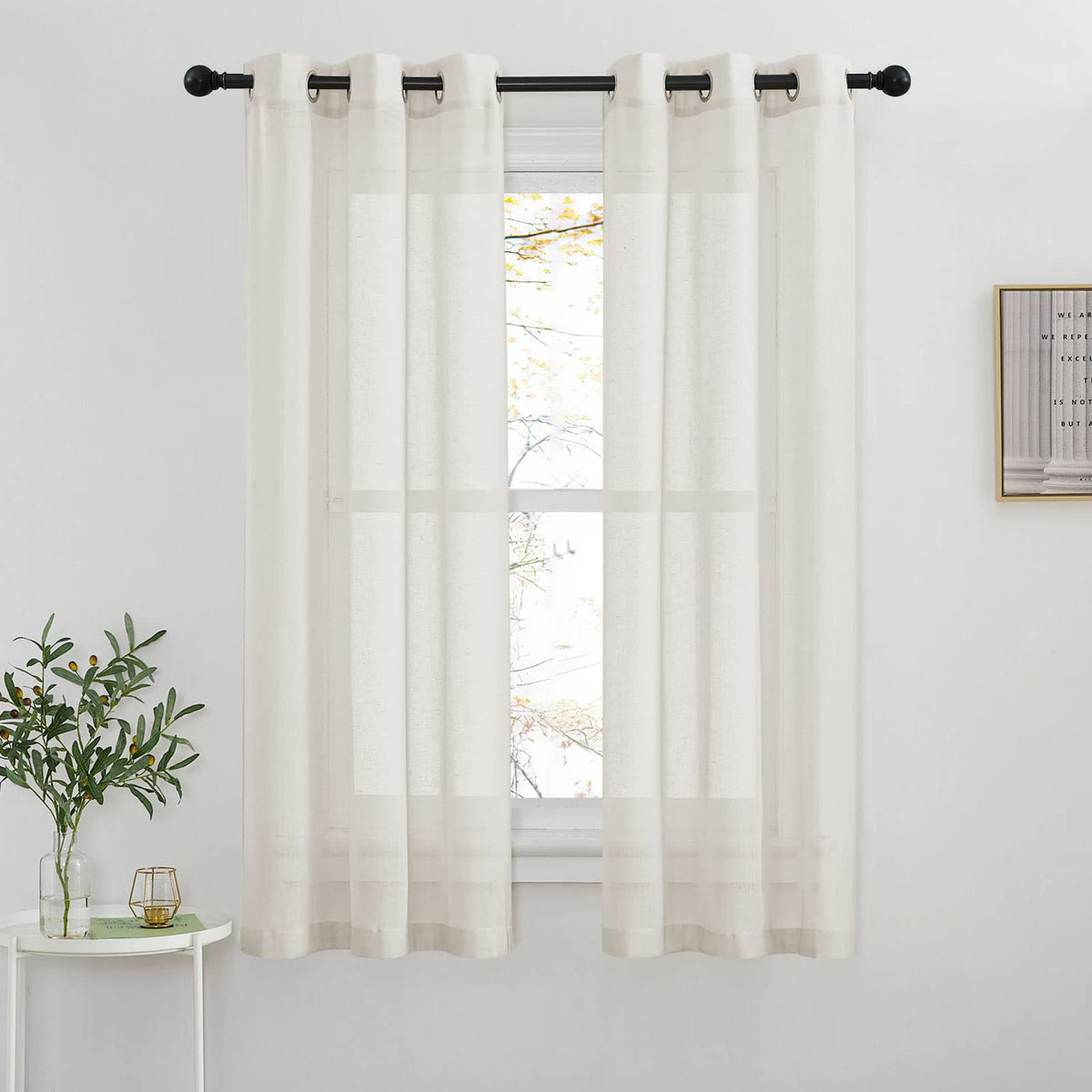 NICETOWN White Sheer Linen Curtains for Living Room 84 inch Length 2 Panels Set, Grommet Semi Sheer Privacy with Light Filtering Flax Window Treatments for Bedroom, W52 x L84