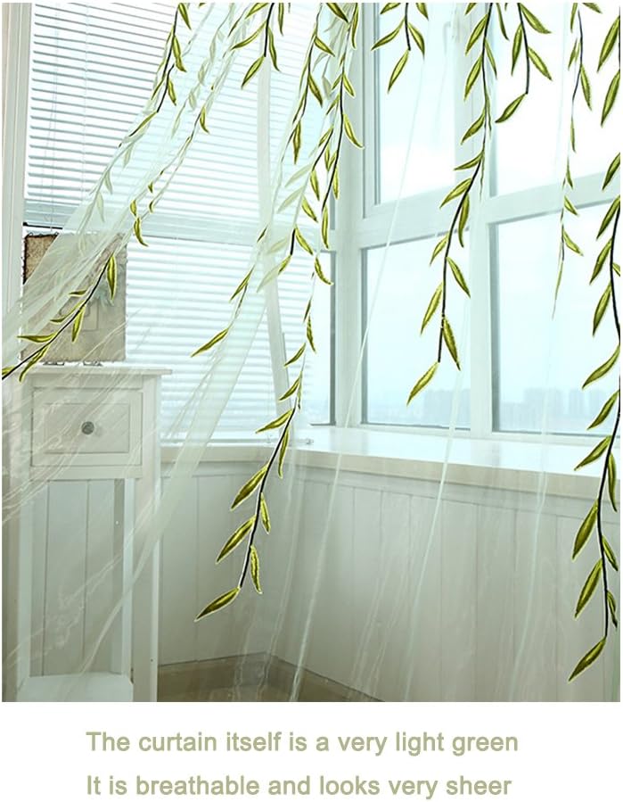 Ufurty 2pcs Willow Leaf Window Curtain Voile Tulle Vine Sheer Curtains | Room Salix Leaf Sheer Gauze Panel Drapes Green Color for Living Room, Bedroom, Balcony