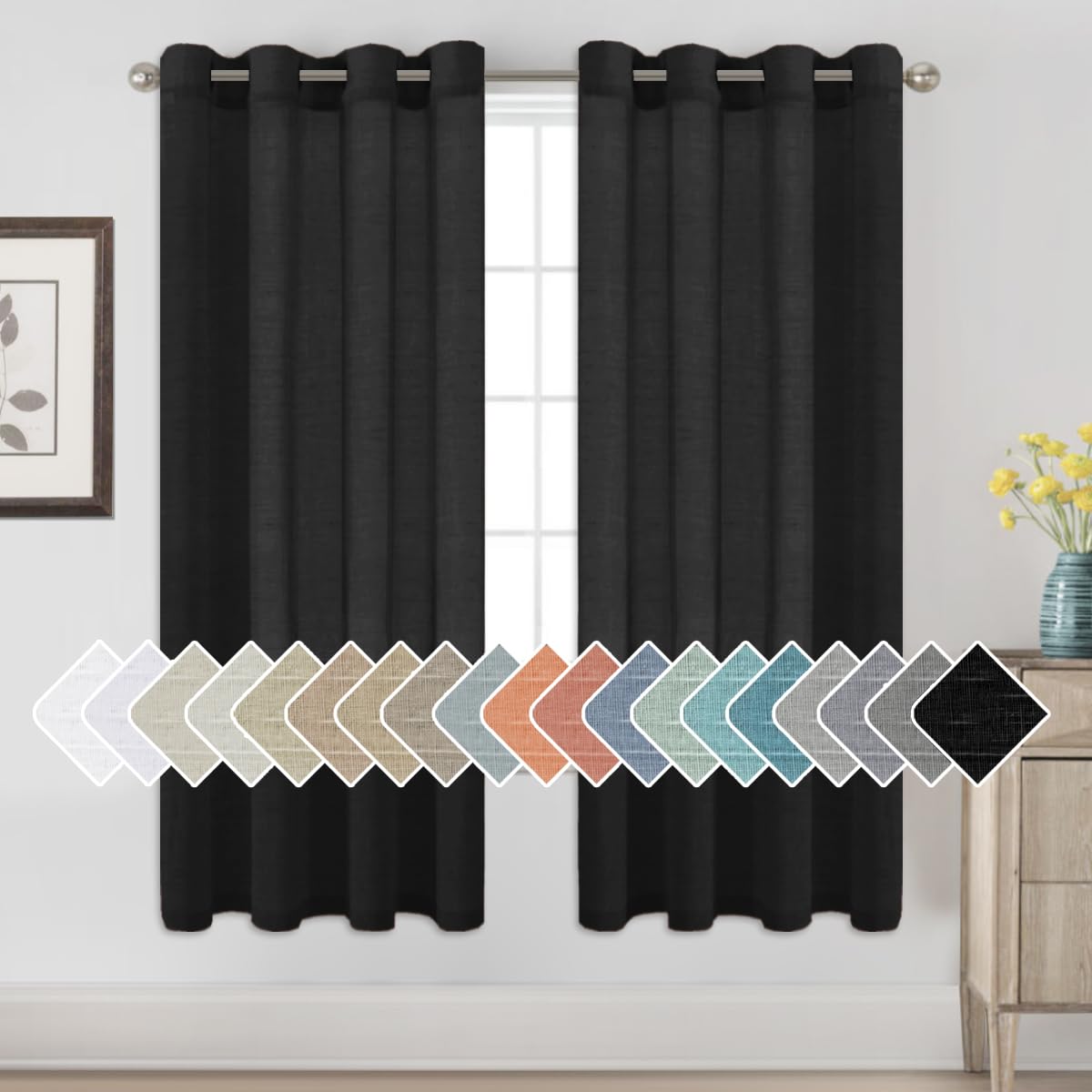 H.VERSAILTEX Natural Linen Sheer Curtains Flax Linen Blended Curtain Panels Living Room, Nickel Grommet Semitransparent Semi-Sheer Soft Privacy Drapes, Natural, 84 inches Long 2 Panels