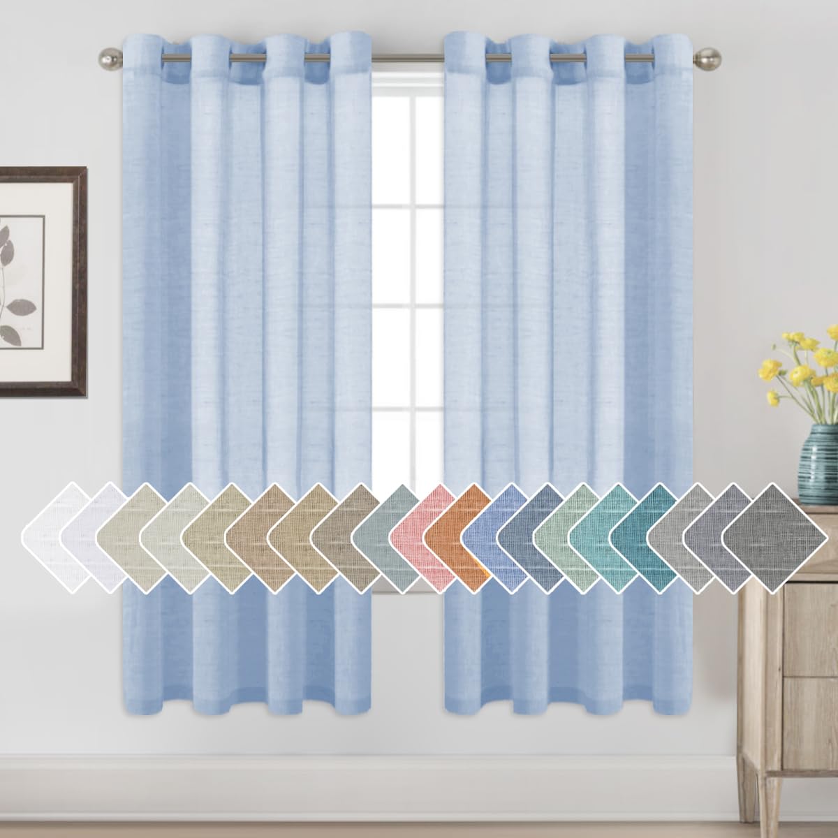 H.VERSAILTEX Natural Linen Sheer Curtains Flax Linen Blended Curtain Panels Living Room, Nickel Grommet Semitransparent Semi-Sheer Soft Privacy Drapes, Natural, 84 inches Long 2 Panels