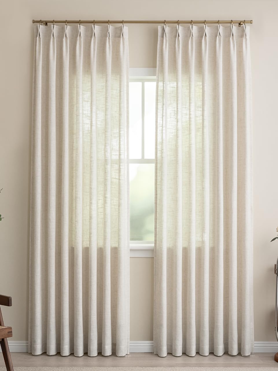 Liz Sheer Pinch Pleated Linen Curtains 102 Inches Long - Light Filtering Pleat Curtains for Living Room, Window Curtains for Bedroom, Luxury Pinch Pleated Drapes with Hooks, Natural, 2 Panels Set