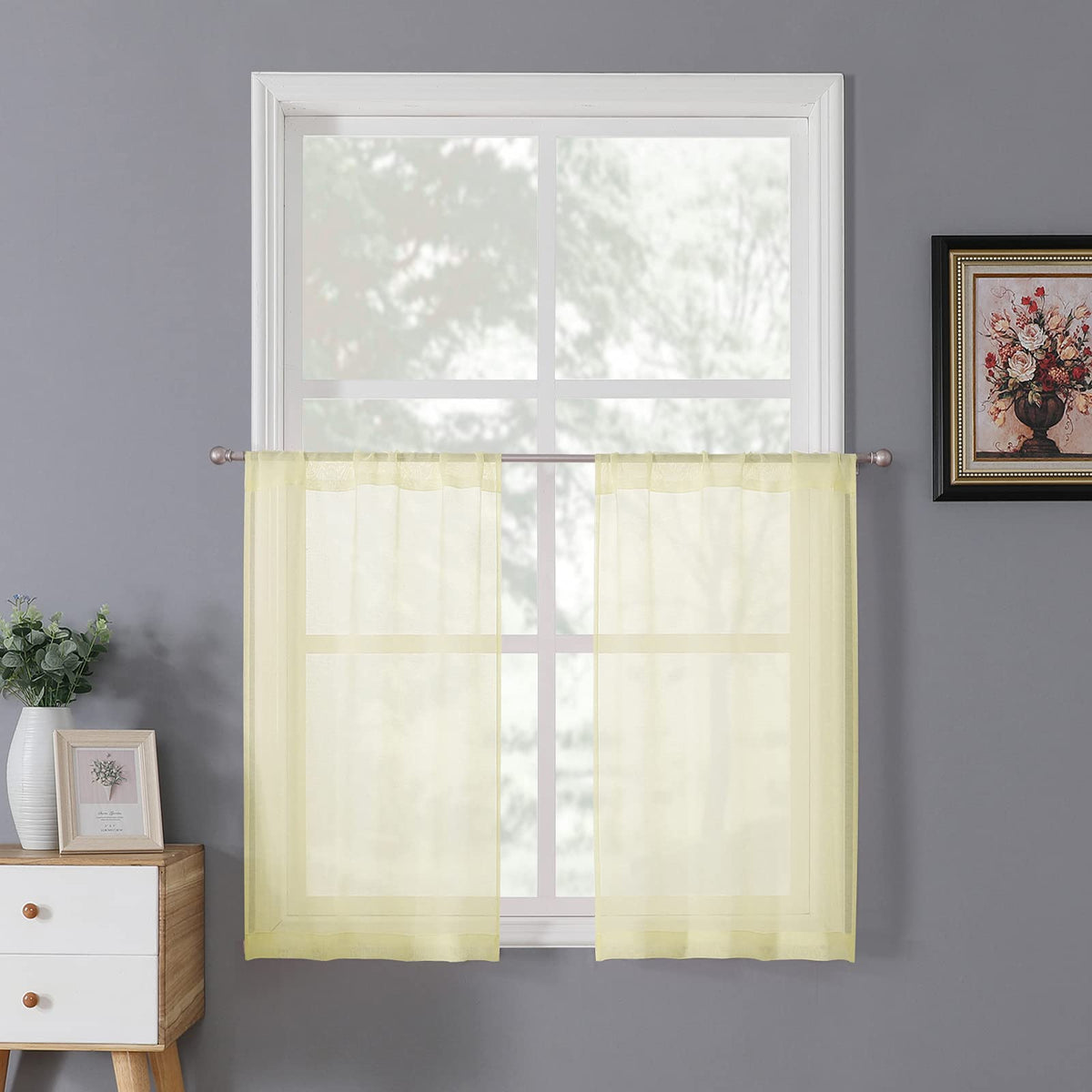 Tollpiz Sheer Curtains Living Room Linen Textured Curtain Sheers Light Filtering Voile Rod Pocket Curtains for Bedroom, 38 x 63 inches Long, White, Set of 2 Panels