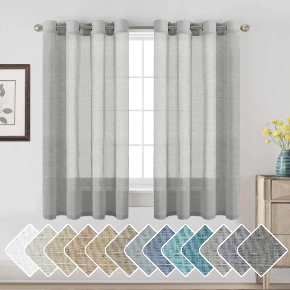H.VERSAILTEX Natural Linen Sheer Curtains Flax Linen Blended Curtain Panels Living Room, Nickel Grommet Semitransparent Semi-Sheer Soft Privacy Drapes, Natural, 84 inches Long 2 Panels