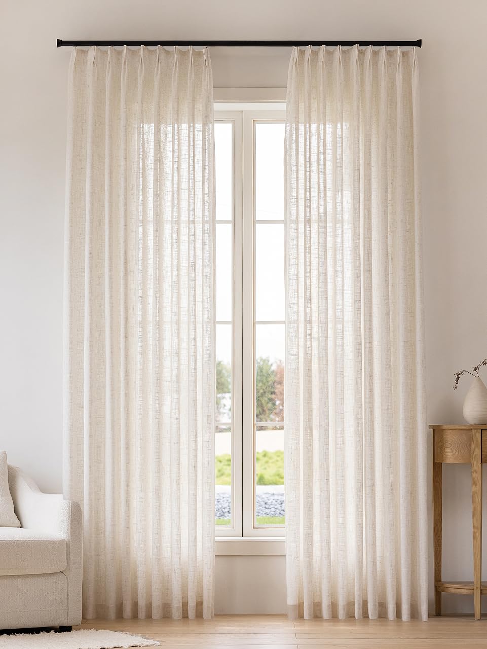 Liz Sheer Pinch Pleated Linen Curtains 102 Inches Long - Light Filtering Pleat Curtains for Living Room, Window Curtains for Bedroom, Luxury Pinch Pleated Drapes with Hooks, Natural, 2 Panels Set