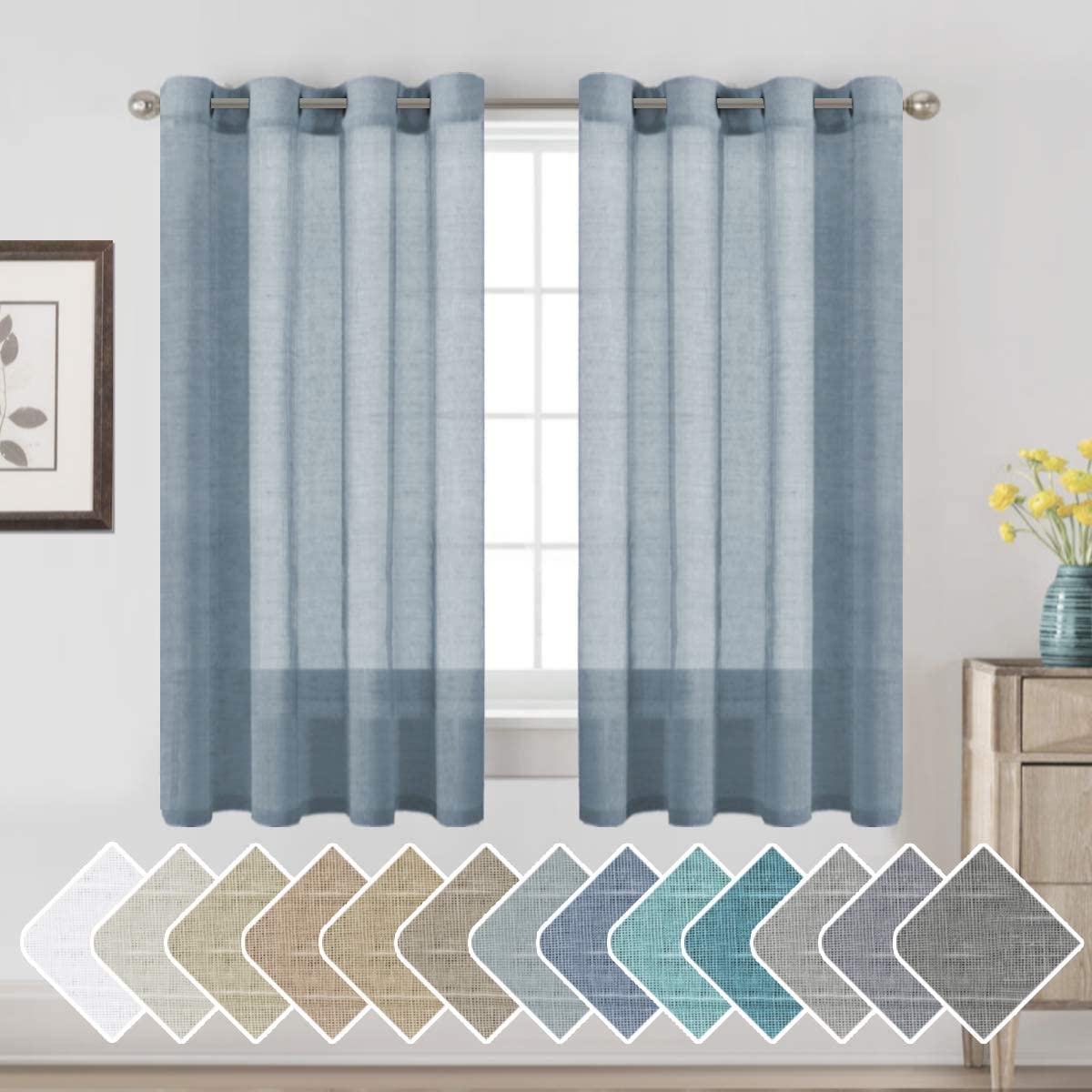 H.VERSAILTEX Natural Linen Sheer Curtains Flax Linen Blended Curtain Panels Living Room, Nickel Grommet Semitransparent Semi-Sheer Soft Privacy Drapes, Natural, 84 inches Long 2 Panels