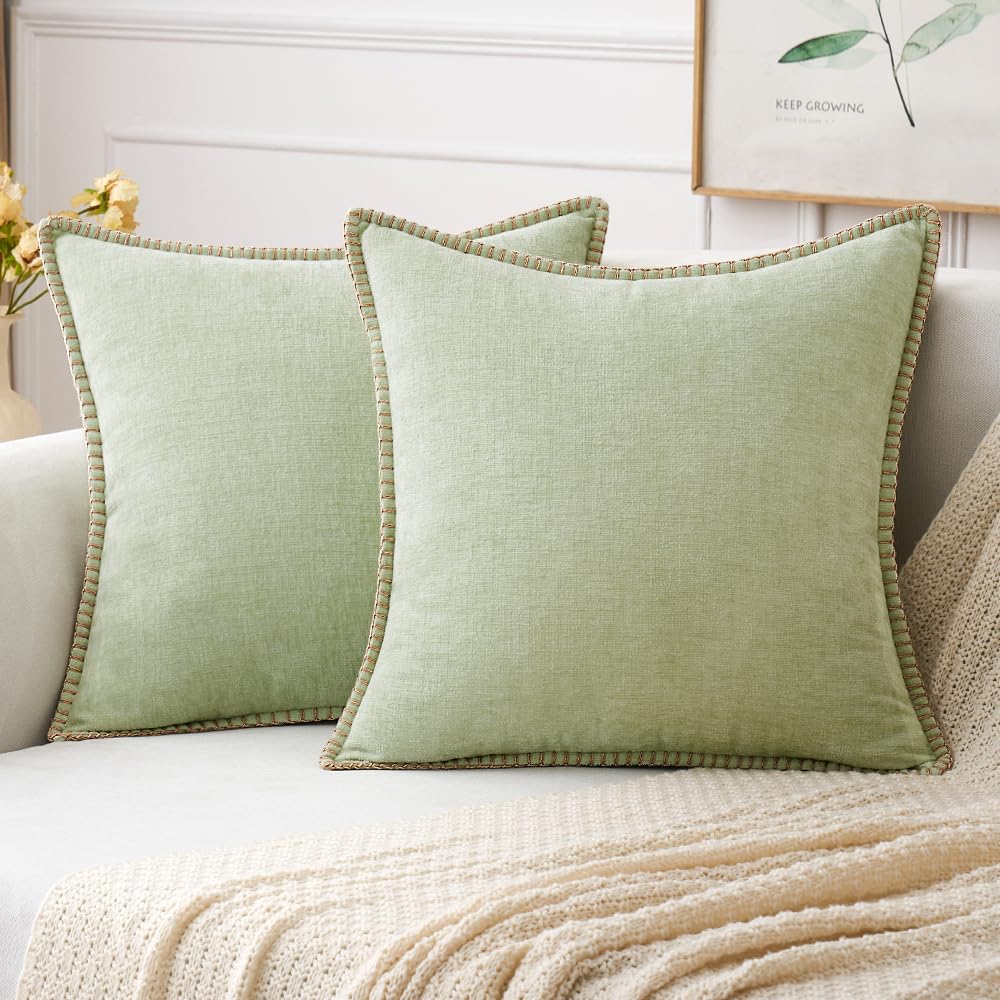 MIULEE Decorative Couch Throw Pillow Covers 18x18 Inch Sage Green 2 Pack | Farmhouse Pillow Covers with Stitched Edge, Soft Chenille Cushion Cases, for Sofa Bed Living Room Home Decor