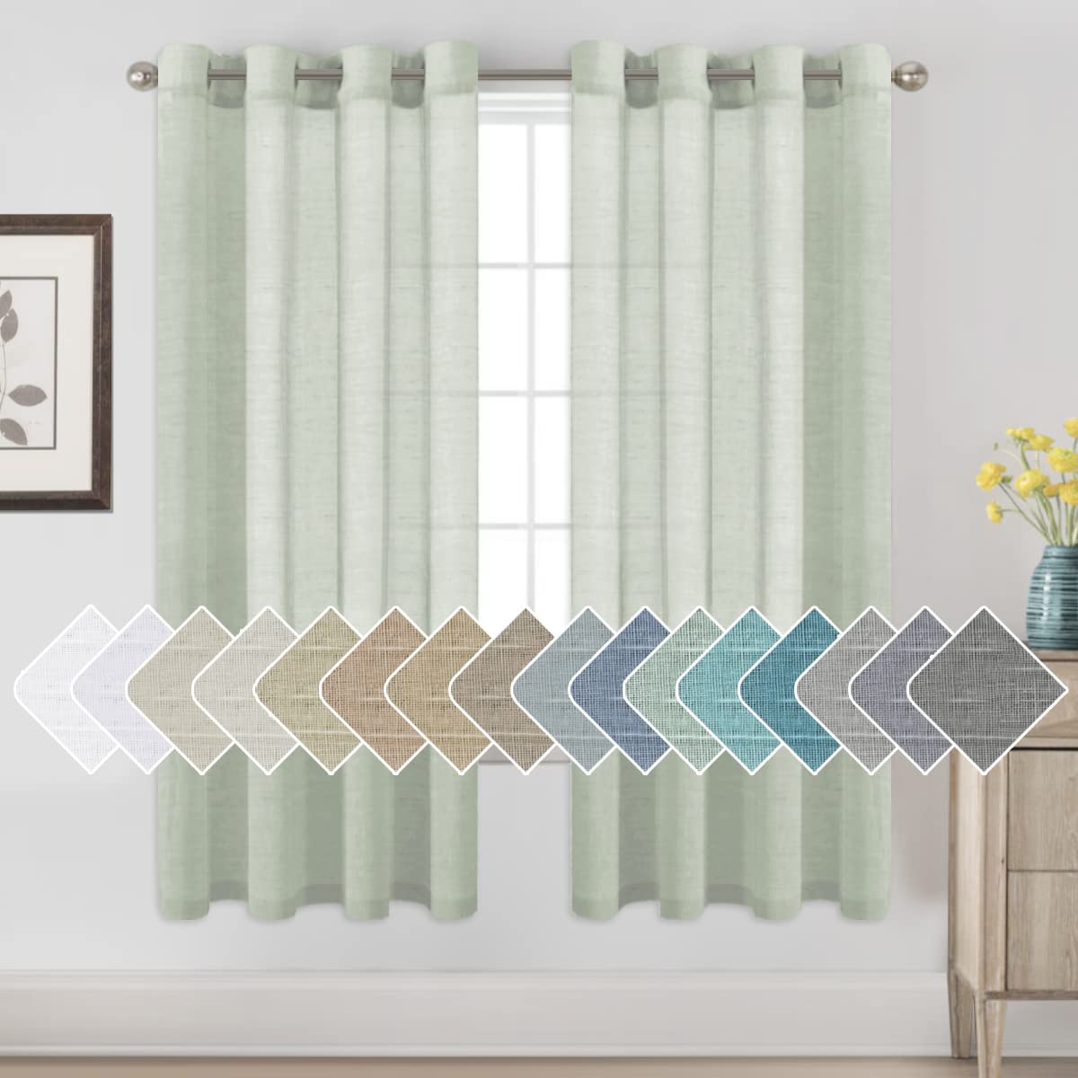 H.VERSAILTEX Natural Linen Sheer Curtains Flax Linen Blended Curtain Panels Living Room, Nickel Grommet Semitransparent Semi-Sheer Soft Privacy Drapes, Natural, 84 inches Long 2 Panels