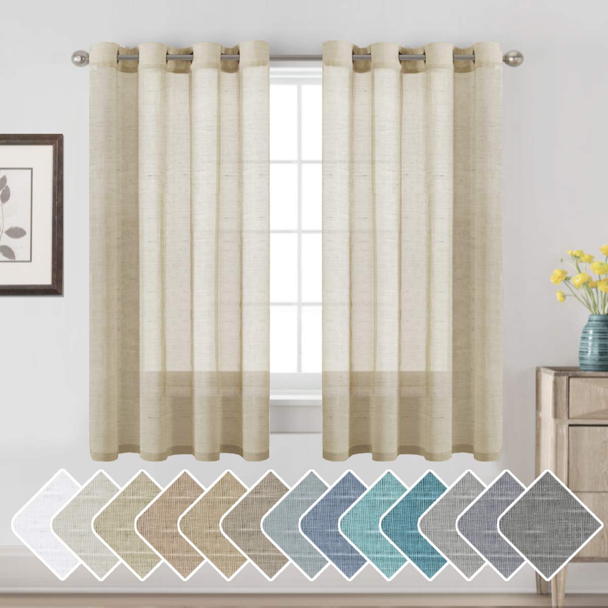 H.VERSAILTEX Natural Linen Sheer Curtains Flax Linen Blended Curtain Panels Living Room, Nickel Grommet Semitransparent Semi-Sheer Soft Privacy Drapes, Natural, 84 inches Long 2 Panels